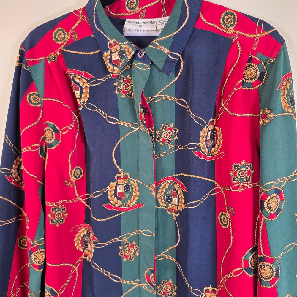 Alfred Dunner Shirt Women's 16 Forest Green Red Heritage Crest Button Up Preppy - Picture 3 of 7